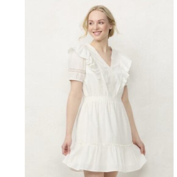 Lauren Conrad V Neck Cream Ruffle Cottagecore Mini Dress Sz M - Picture 1 of 8
